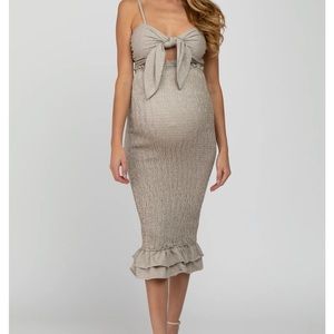 Mocha Gingham Print Smocked Fitted Self-Tie Maternity Midi Dress